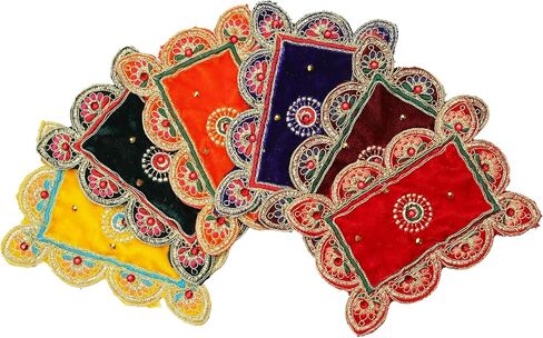 مجموعة من 6 قطع من قماش بوجا المخملي باللون الأحمر والبرتقالي والأخضر والأصفر والأزرق والبني، قطعة قماش زخرفية من آسان (الحجم: -4 بوصات × 6 بوصات) عنصر ومقالة ديكورات المهرجانات الهندية التقليدية متعددة الأغراض in Kuwait