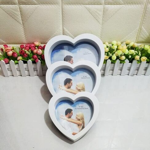 مجموعة اطارات صور على شكل قلب بلون ابيض من 3 قطع اطار صور بلاستيكي 5×5 انش، 6×6 انش، 7×7 انش. فقط للحائط. in Kuwait