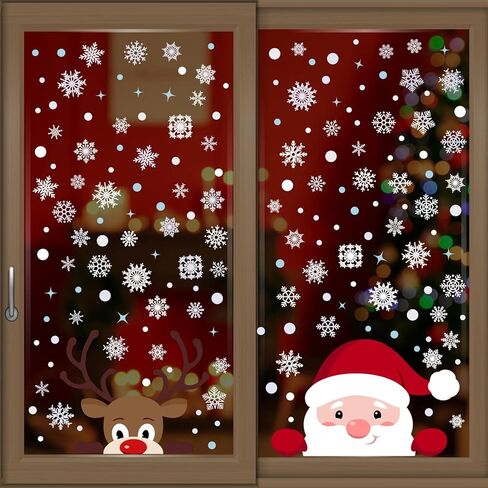 WALPLUS 320 قطعة من ملصقات نافذة عيد الميلاد لتزيين زينة عيد الميلاد، ملصق حائط لعيد الميلاد على الوجهين، قابل لإعادة الاستخدام، قابل للتقشير والعصا، قابل للإزالة لغرفة المعيشة الزجاجية سانتا ورودولف مع ندفات الثلج in Kuwait