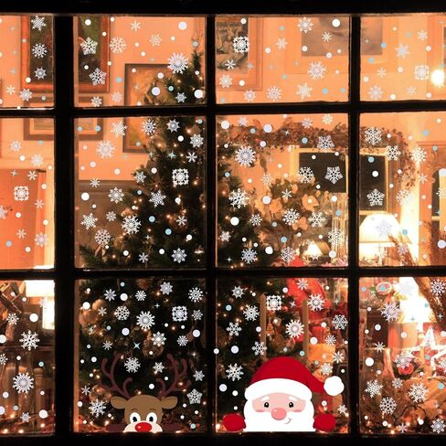 WALPLUS 320 قطعة من ملصقات نافذة عيد الميلاد لتزيين زينة عيد الميلاد، ملصق حائط لعيد الميلاد على الوجهين، قابل لإعادة الاستخدام، قابل للتقشير والعصا، قابل للإزالة لغرفة المعيشة الزجاجية سانتا ورودولف مع ندفات الثلج in Kuwait