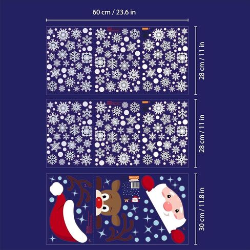 WALPLUS 320 قطعة من ملصقات نافذة عيد الميلاد لتزيين زينة عيد الميلاد، ملصق حائط لعيد الميلاد على الوجهين، قابل لإعادة الاستخدام، قابل للتقشير والعصا، قابل للإزالة لغرفة المعيشة الزجاجية سانتا ورودولف مع ندفات الثلج in Kuwait