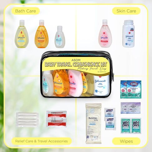 مجموعة أدوات الاستحمام الأساسية من Asom Baby Bath Essentials، مناديل شامبو وغسول وقت النوم، كريم الطفح الجلدي ومجموعة الترطيب، متوافقة مع TSA، أدوات زينة للأطفال خالية من المتاعب أثناء السفر. in Kuwait