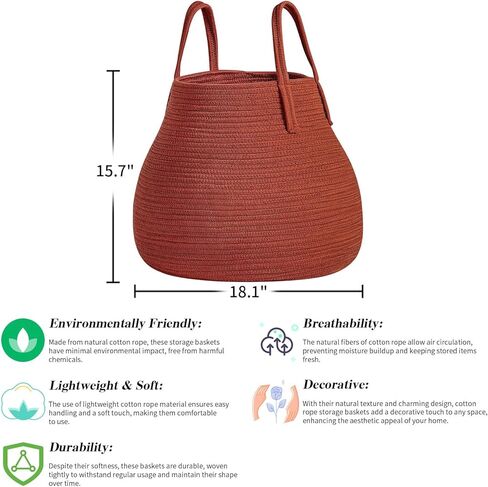 سلة تخزين بوهو متعددة الأغراض R RUNKA |18.1 بوصة × 15.7 بوصة| نسج حبل القطن الناعم | ديكور المنزل والتخزين في جهاز واحد | مثالية للبطانيات والوسائد| سلة غسيل الحضانة | بني محمر in Kuwait