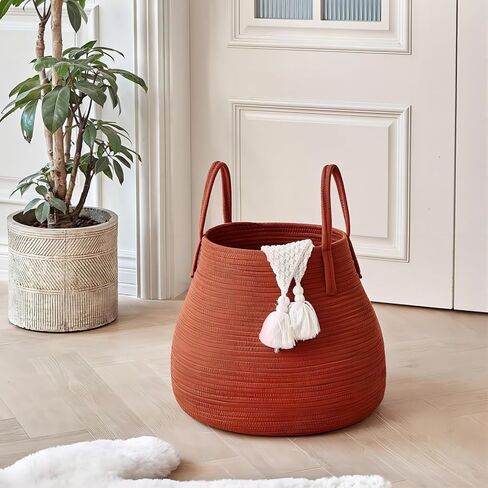 سلة تخزين بوهو متعددة الأغراض R RUNKA |18.1 بوصة × 15.7 بوصة| نسج حبل القطن الناعم | ديكور المنزل والتخزين في جهاز واحد | مثالية للبطانيات والوسائد| سلة غسيل الحضانة | بني محمر in Kuwait