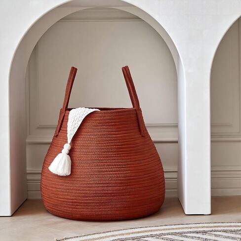 سلة تخزين بوهو متعددة الأغراض R RUNKA |18.1 بوصة × 15.7 بوصة| نسج حبل القطن الناعم | ديكور المنزل والتخزين في جهاز واحد | مثالية للبطانيات والوسائد| سلة غسيل الحضانة | بني محمر in Kuwait