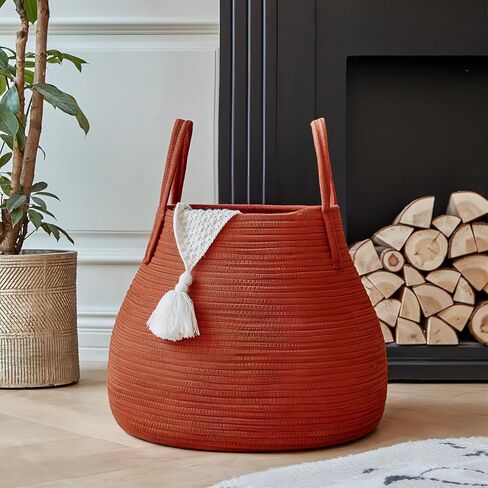 سلة تخزين بوهو متعددة الأغراض R RUNKA |18.1 بوصة × 15.7 بوصة| نسج حبل القطن الناعم | ديكور المنزل والتخزين في جهاز واحد | مثالية للبطانيات والوسائد| سلة غسيل الحضانة | بني محمر in Kuwait