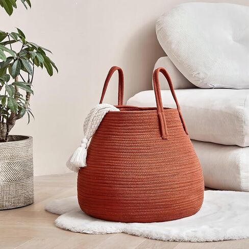 سلة تخزين بوهو متعددة الأغراض R RUNKA |18.1 بوصة × 15.7 بوصة| نسج حبل القطن الناعم | ديكور المنزل والتخزين في جهاز واحد | مثالية للبطانيات والوسائد| سلة غسيل الحضانة | بني محمر in Kuwait