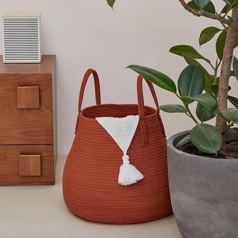 سلة تخزين بوهو متعددة الأغراض R RUNKA |18.1 بوصة × 15.7 بوصة| نسج حبل القطن الناعم | ديكور المنزل والتخزين في جهاز واحد | مثالية للبطانيات والوسائد| سلة غسيل الحضانة | بني محمر in Kuwait