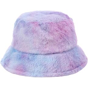 ZGMYC Women Girls Tie Dye Faux Fur Warm Bucket Hat Fuzzy Rainbow Winter Fisherman Cap