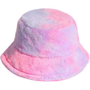 ZGMYC Women Girls Tie Dye Faux Fur Warm Bucket Hat Fuzzy Rainbow Winter Fisherman Cap