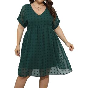 HBEYYTO Women's Summer Short Sleeve Sexy V Neck Flowy Mini Dress Plus Size Casual Dress Swiss Dot Short Loose Fit Sun Dress