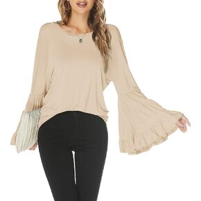 Hount Women Casual Long Bell Sleeve Tops Loose Round Neck T Shirt Flare Sleeve Shirt Tops