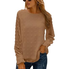 Blooming Jelly Womens Chiffon Blouses Elegant Lantern Long Sleeve Round Neck Top Pom Pom Shirts in Saudi Arabia