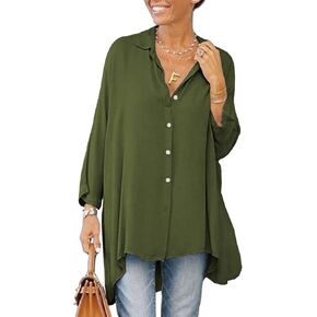 Aoysky Womens Oversized T Shirts Button Down Long Sleeve Shirt V Neck Collar Loose Flowy Blouse