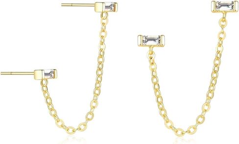 Women 14K Gold Bar Earrings,Stud With Chain And Cartilage Hugging Cuff Double Bar Ear Jacket Minimalist earrings For Lady Band in Kuwait