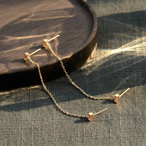 Women 14K Gold Bar Earrings,Stud With Chain And Cartilage Hugging Cuff Double Bar Ear Jacket Minimalist earrings For Lady Band in Kuwait