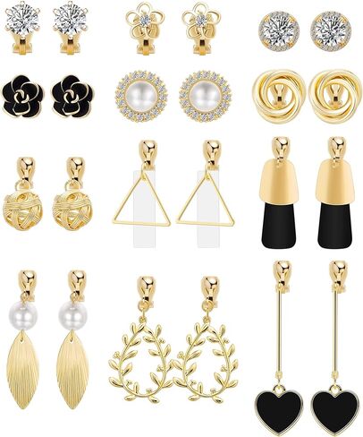 LOREMOW 12 Pairs Assorted Clip On Earrings for Women Girls Non-Piercing Drop Dangle Ear Clips CZ Simulated Pearl Flower Twist Knot Clip Earrings in Saudi Arabia