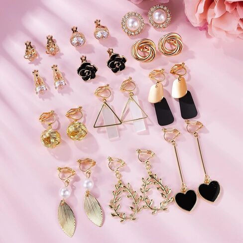 LOREMOW 12 Pairs Assorted Clip On Earrings for Women Girls Non-Piercing Drop Dangle Ear Clips CZ Simulated Pearl Flower Twist Knot Clip Earrings in Saudi Arabia
