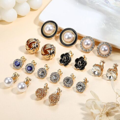 FIBO STEEL 10 Pairs Clip Earrings for Women Clip On Earrings for Non Pierced CZ Flower Simulated Freshwater Pearl Twist Knot Clip Earrings Sets Gold Silver Tone in Kuwait