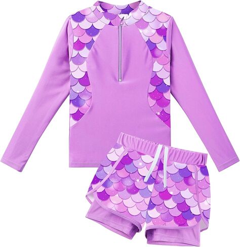TFJH E 2 قطعة ملابس سباحة للفتيات بأكمام طويلة UV 50+ Rashguard Tankini مجموعة ملابس سباحة للأطفال بسحاب 3-12 سنة in Kuwait