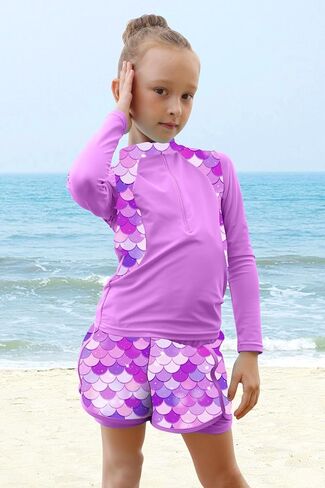 TFJH E 2 قطعة ملابس سباحة للفتيات بأكمام طويلة UV 50+ Rashguard Tankini مجموعة ملابس سباحة للأطفال بسحاب 3-12 سنة in Kuwait