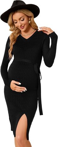 KOJOOIN Maternity Cable Knit Sweater Long Sleeve Bodycon Dress V Neck Fall Casual Slit Midi Dress Baby Shower Photoshoot Belt in Kuwait
