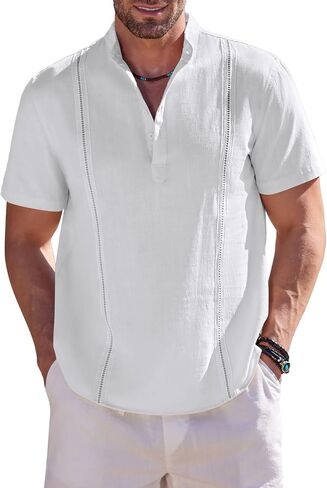 COOFANDY Men's Cotton Linen Henley Shirt Short Sleeve Cuban Guayabera Shirt Hippie Casual Beach Band Collar T Shirts in Saudi Arabia