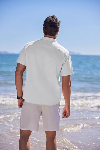 COOFANDY Men's Cotton Linen Henley Shirt Short Sleeve Cuban Guayabera Shirt Hippie Casual Beach Band Collar T Shirts in Saudi Arabia