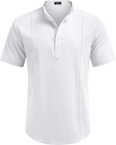 COOFANDY Men's Cotton Linen Henley Shirt Short Sleeve Cuban Guayabera Shirt Hippie Casual Beach Band Collar T Shirts in Saudi Arabia