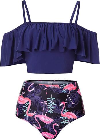 Kaei&Shi High Waisted Flounce Bikini Set,Tummy Control Swimsuits for Women,Off Shoulder in Kuwait