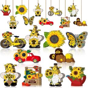 Sunflower Gnome Wooden Ornament Yellow Flower Gnome Hanging Wooden Pendant Summer Tree Ornaments with Rope for Sunflower Theme Birthday Party Favor Supplies (Cute Style, 30 Pcs)