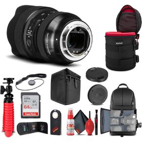 مجموعة عدسة Sigma 14-24mm f/2.8 DG DN Art لسوني E (213965) + حقيبة ظهر + بطاقة 64 جيجابايت + حافظة عدسة + قارئ بطاقات + مجموعة تنظيف + حامل ثلاثي مرن + محفظة ذاكرة + جهاز تحكم عن بعد بالأشعة تحت الحمراء + حافظة غطاء in Kuwait