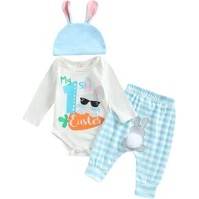 DNOMAID YZARC Easter Outfits Baby Girl Boy My 1st Easter Long Sleeve Romper Bodysuit Stripe Bunny Pant Hat 3Pcs Clothes Set