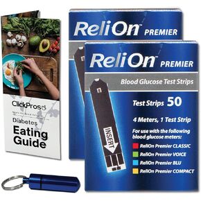 ReliOn Reli On Premier شرائط اختبار نسبة الجلوكوز في الدم، 2 حزمة - 50 قيراط (100 إجمالي) تتضمن "دليل تناول الطعام لمرضى السكري" الحصري من ClickPros وحاوية حبوب منع الحمل المحمولة (4 عناصر)! in Kuwait