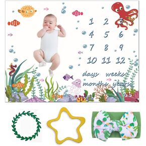 Baby Milestone Blanket Ocean World,Original Design Monthly Boy Girl,Growth Chart Photo First Year Gender Neutral Gift for Shower Photography Props with Marker, Green in Kuwait