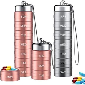 Metal Weekly Pill Organizer, 2PCS Waterproof Pill Organizer Aluminum Alloy Travel Pill Box, Portable 7 Day Vitamin Organizer Stackable, Pill Container to Hold Vitamin, Fish Oil (Rose Gold, Silver) in Kuwait