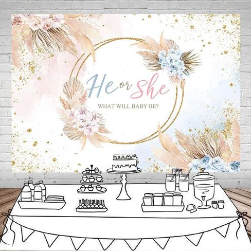 Mocsicka Boho الجنس تكشف خلفية هو أو هي بوهو الزهور استحمام الطفل خلفية الفينيل البوهيمي بامباس العشب حزب كعكة الجدول زينة الصورة كشك (7x5ft) in Kuwait