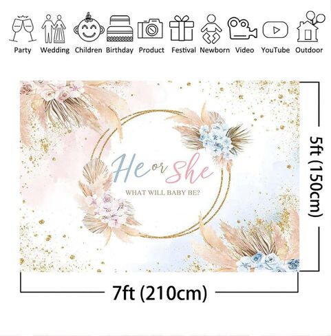 Mocsicka Boho الجنس تكشف خلفية هو أو هي بوهو الزهور استحمام الطفل خلفية الفينيل البوهيمي بامباس العشب حزب كعكة الجدول زينة الصورة كشك (7x5ft) in Kuwait