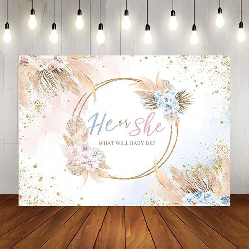 Mocsicka Boho الجنس تكشف خلفية هو أو هي بوهو الزهور استحمام الطفل خلفية الفينيل البوهيمي بامباس العشب حزب كعكة الجدول زينة الصورة كشك (7x5ft) in Kuwait