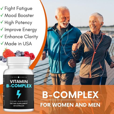 فكر في الفيتامينات المعقدة ب للرجال والنساء | 60 قطعة عالية الفعالية - تدعم الطاقة والمزاج ووضوح تعب الدماغ والتركيز - *8 فيتامينات ب - مكمل مركب فيتامين ب in Kuwait