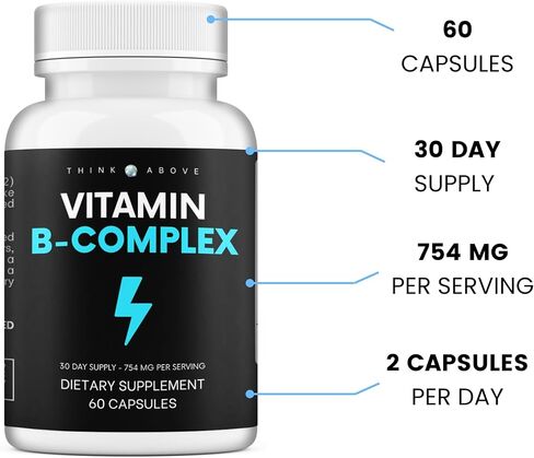 فكر في الفيتامينات المعقدة ب للرجال والنساء | 60 قطعة عالية الفعالية - تدعم الطاقة والمزاج ووضوح تعب الدماغ والتركيز - *8 فيتامينات ب - مكمل مركب فيتامين ب in Kuwait