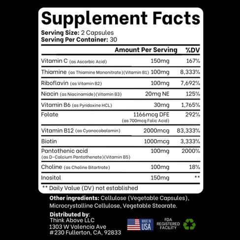 فكر في الفيتامينات المعقدة ب للرجال والنساء | 60 قطعة عالية الفعالية - تدعم الطاقة والمزاج ووضوح تعب الدماغ والتركيز - *8 فيتامينات ب - مكمل مركب فيتامين ب in Kuwait