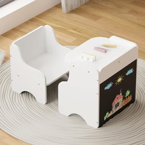 Tilhumt 2 in 1 Montessori Weaning Table and Chair Set with Built-in Chalkboard, Height Adjustable Chair for Toddlers, Kids Activity Table for Drawing, Dining, Reading, and Playing in Kuwait