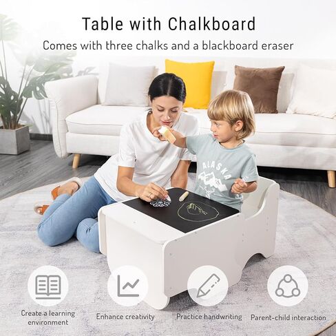 Tilhumt 2 in 1 Montessori Weaning Table and Chair Set with Built-in Chalkboard, Height Adjustable Chair for Toddlers, Kids Activity Table for Drawing, Dining, Reading, and Playing in Kuwait