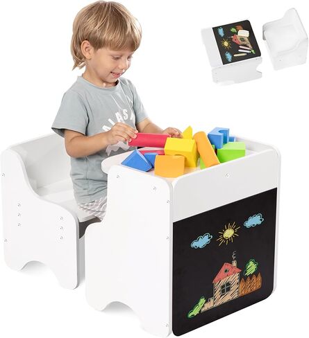 Tilhumt 2 in 1 Montessori Weaning Table and Chair Set with Built-in Chalkboard, Height Adjustable Chair for Toddlers, Kids Activity Table for Drawing, Dining, Reading, and Playing in Kuwait