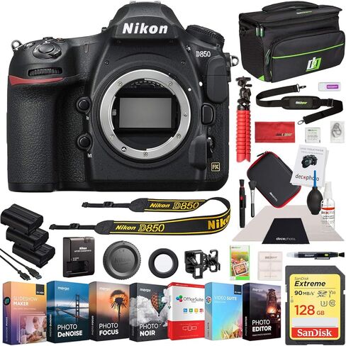 Nikon D850 45.7MP Full-Frame FX-Format Digital SLR Camera Body Bundle with 128GB Memory Card, Photo and Video Professional Editing Suite, Camera Bag, Cleaning Kit, 2X Rechargeable Li-Ion Battery in Saudi Arabia