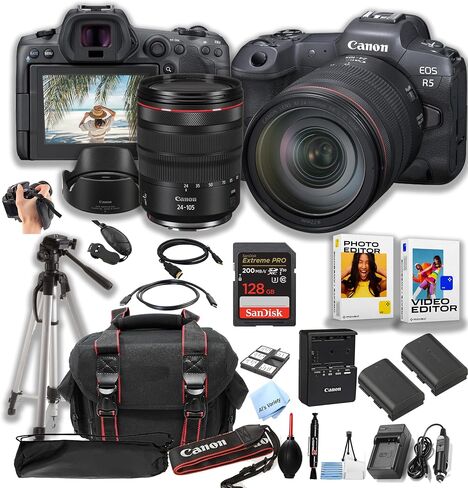 Canon EOS R5 Mirrorless Camera with RF 24-105mm f/4 L is USM Lens + 128GB Pro Speed Memory + Case + Tripod + Software Pack -Proffesional Bundle in Saudi Arabia