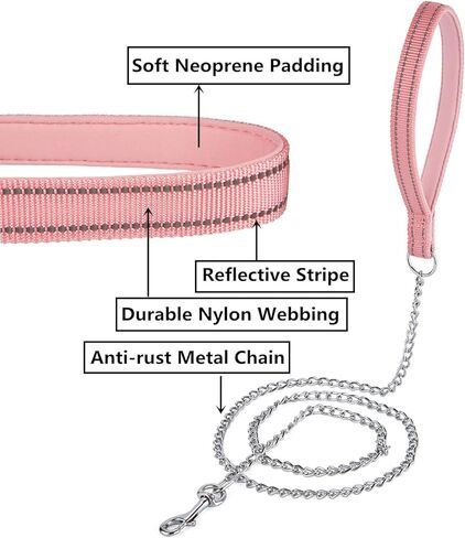 بيتيري سلسلة معدنية مقاومة للمضغ، مقبض من النايلون مع بطانة ناعمة من النيوبرين وشريط عاكس للكلاب متوسطة الحجم. (مقاس M، زهري) in Kuwait