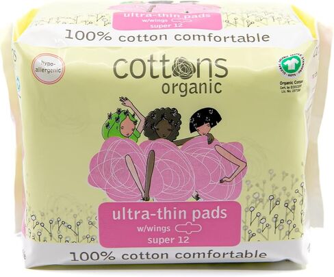 فوط نسائية عضوية رفيعة للغاية من القطن العضوي للنساء بأجنحة | 48- مغلفة منفردة | غير معطر | خالي من الكلور | غطاء من القطن العضوي | قدرة امتصاص فائقة (4 عبوات من 12 قطعة) in Kuwait