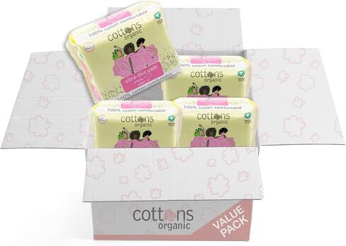 فوط نسائية عضوية رفيعة للغاية من القطن العضوي للنساء بأجنحة | 48- مغلفة منفردة | غير معطر | خالي من الكلور | غطاء من القطن العضوي | قدرة امتصاص فائقة (4 عبوات من 12 قطعة) in Kuwait